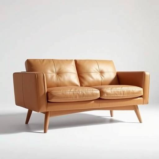 Sofá de couro marrom claro com design moderno e pés de madeira